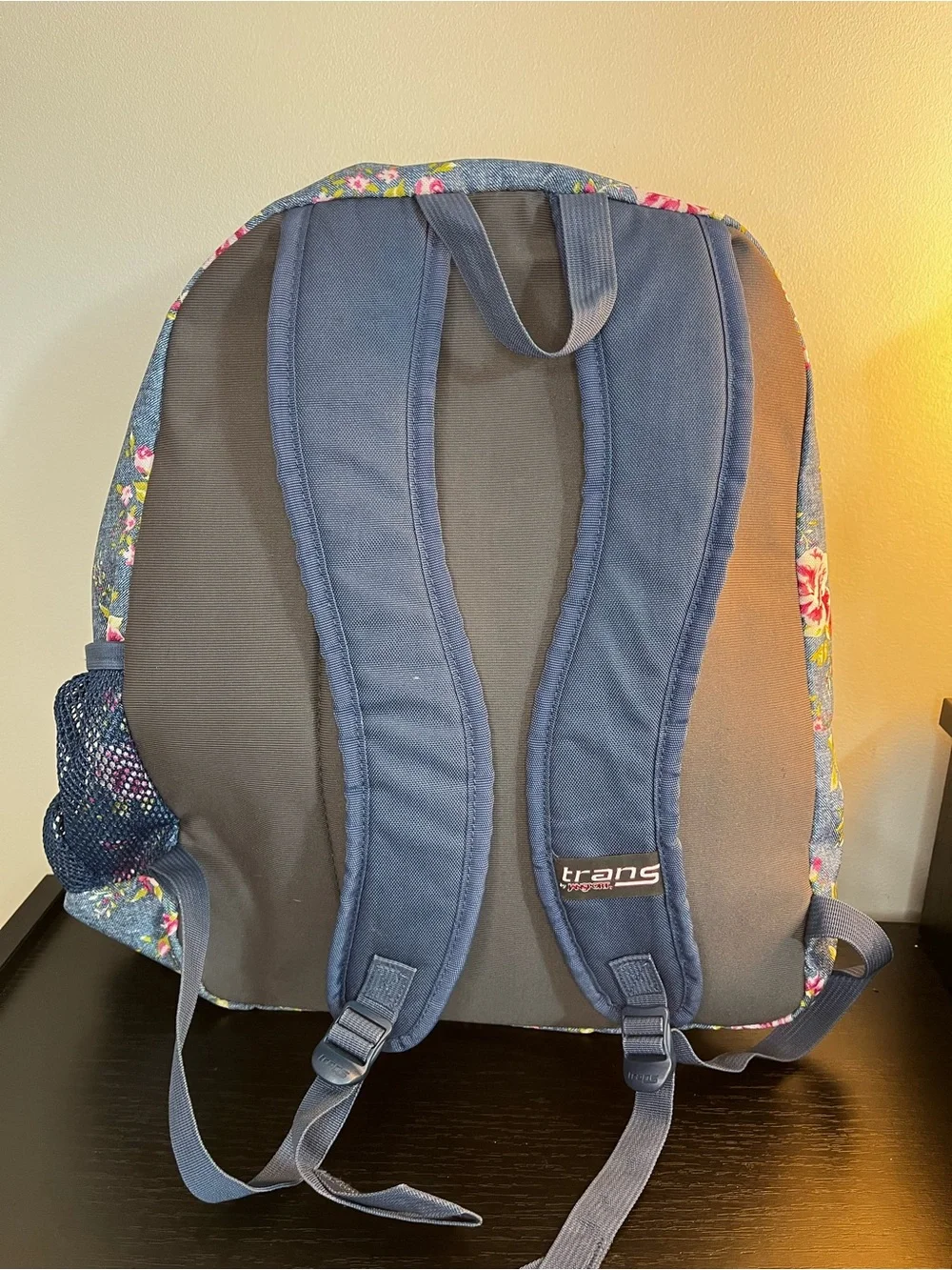 Jansport Trans Super Max Floral Denim Print Backpack in Blue and Pink